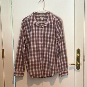 Green, blue, red and white plaid long sleeved top just shirt.